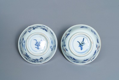 Six Chinese blue, white and copper-red cups and saucers, Kangxi