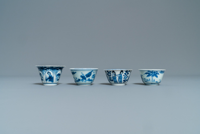 Four Chinese blue and white cups and saucers, Kangxi