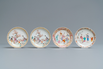 Four Chinese famille rose 'Mandarin' cups and saucers, Qianlong