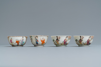 Four Chinese famille rose 'Mandarin' cups and saucers, Qianlong