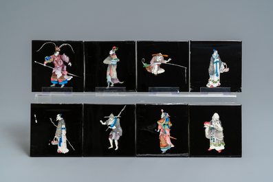 106 polychrome black-ground Dutch Delft tiles with Chinese figures, Makkum, 1985