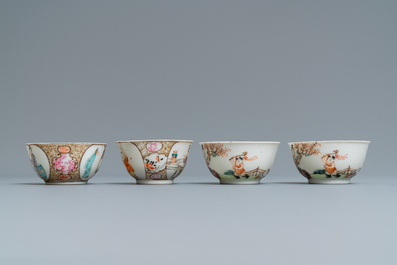 Four Chinese famille rose 'Mandarin' cups and saucers, Qianlong