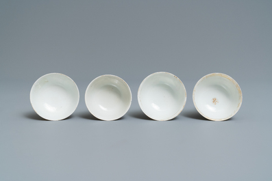 Four Chinese famille rose 'Mandarin' cups and saucers, Qianlong