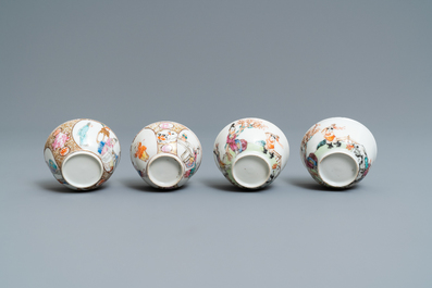 Four Chinese famille rose 'Mandarin' cups and saucers, Qianlong