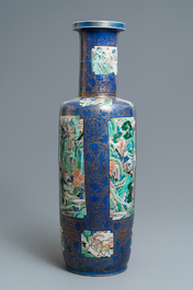 A massive Chinese famille verte on powder blue-ground rouleau vase, Kangxi