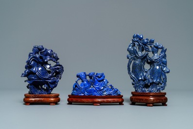 Six groupes en lapis lazuli sculpt&eacute;, Chine, 20&egrave;me