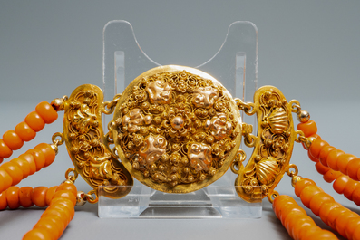Two red coral necklaces with golden locks, The Netherlands, 19/20th C.