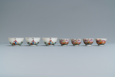 Seven Chinese famille rose 'Mandarin' cups and saucers, Qianlong