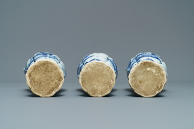 A Chinese blue and white five-piece 'landscape' garniture, Kangxi