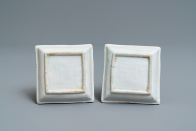 A pair of Chinese blue and white 'Fu' symbol square trays, Tianqi