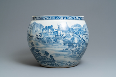 A large Chinese blue and white 'landscape' fish bowl, Qianlong