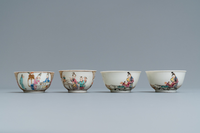 Four Chinese famille rose 'Mandarin' cups and saucers, Qianlong