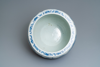 A large Chinese blue and white 'landscape' fish bowl, Qianlong