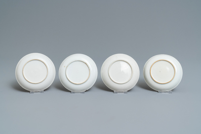 Four Chinese famille rose 'Mandarin' cups and saucers, Qianlong