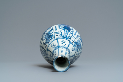 A Chinese blue and white kraak porcelain charger, a vase, a crow cup and a small plate, Wanli