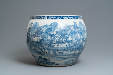 A large Chinese blue and white 'landscape' fish bowl, Qianlong