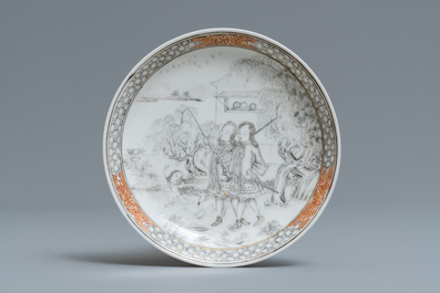 Une tasse et soucoupe en porcelaine de Chine grisaille &agrave; d&eacute;cor d'Europ&eacute;ens, Yongzheng