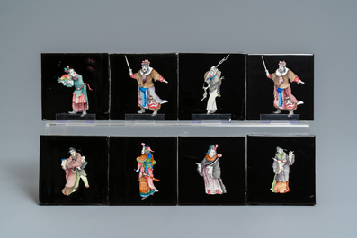 106 polychrome black-ground Dutch Delft tiles with Chinese figures, Makkum, 1985