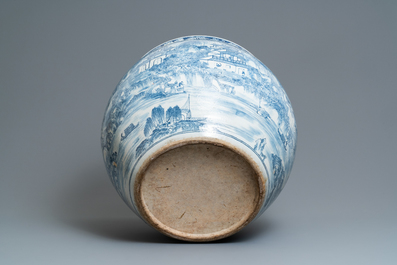 A large Chinese blue and white 'landscape' fish bowl, Qianlong