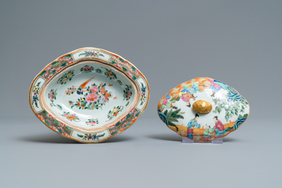 Une terrine couverte, une assiette et un bol en porcelaine de Chine famille rose, 19&egrave;me