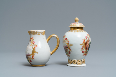 A Chinese famille rose and gilt Meissen-style tea caddy and milk jug, Qianlong