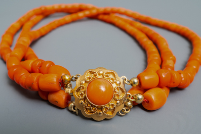 Two red coral necklaces with golden locks, The Netherlands, 19/20th C.