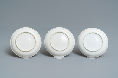 Seven Chinese famille rose 'Mandarin' cups and saucers, Qianlong
