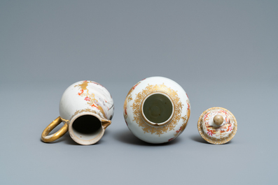 A Chinese famille rose and gilt Meissen-style tea caddy and milk jug, Qianlong
