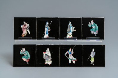 106 polychrome black-ground Dutch Delft tiles with Chinese figures, Makkum, 1985