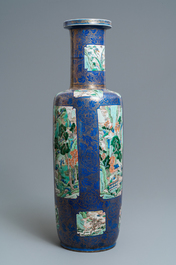 A massive Chinese famille verte on powder blue-ground rouleau vase, Kangxi