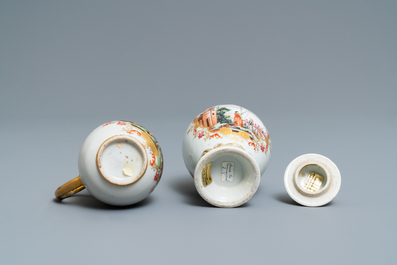 A Chinese famille rose and gilt Meissen-style tea caddy and milk jug, Qianlong