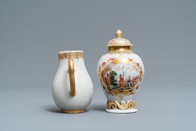 A Chinese famille rose and gilt Meissen-style tea caddy and milk jug, Qianlong