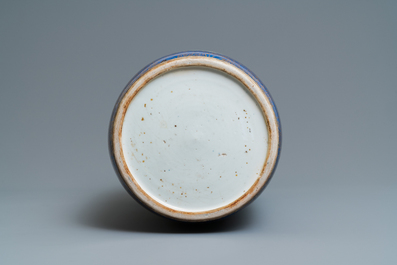 A massive Chinese famille verte on powder blue-ground rouleau vase, Kangxi