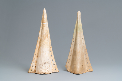 Two large triangular Thai Sawankhalok roof tile finials, 14/16th C.