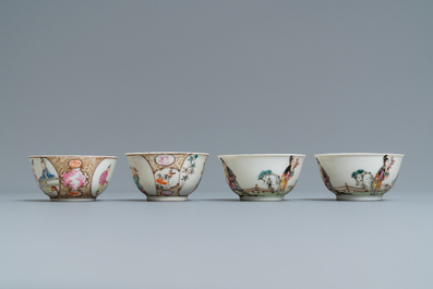 Four Chinese famille rose 'Mandarin' cups and saucers, Qianlong