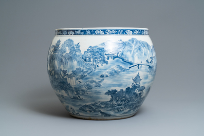 A large Chinese blue and white 'landscape' fish bowl, Qianlong