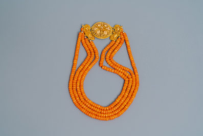 Two red coral necklaces with golden locks, The Netherlands, 19/20th C.