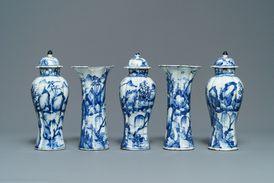 A Chinese blue and white five-piece 'landscape' garniture, Kangxi