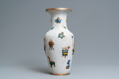 A Chinese cloisonn&eacute; vase with applied design of antiquities, 19th C.