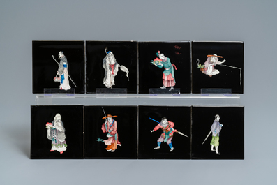 106 polychrome black-ground Dutch Delft tiles with Chinese figures, Makkum, 1985
