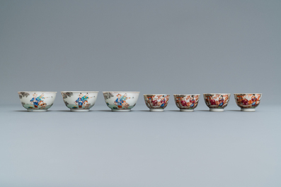 Seven Chinese famille rose 'Mandarin' cups and saucers, Qianlong