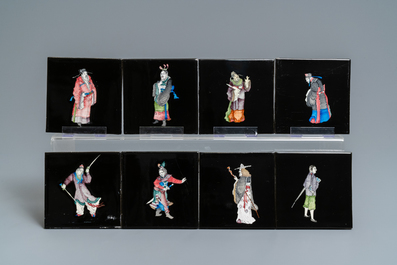106 polychrome black-ground Dutch Delft tiles with Chinese figures, Makkum, 1985