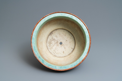 An exceptional Chinese turquoise-ground famille rose jardini&egrave;re, Qianlong