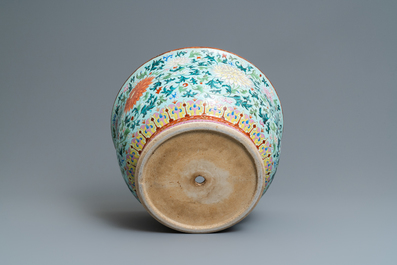 An exceptional Chinese turquoise-ground famille rose jardini&egrave;re, Qianlong