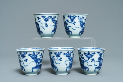 Eight Chinese blue and white cups and saucers, Kangxi