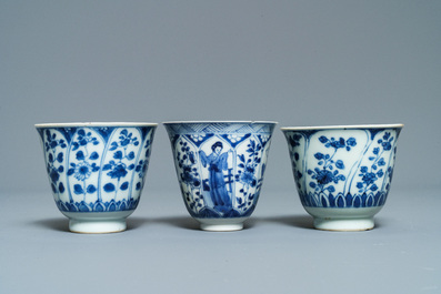 Eight Chinese blue and white cups and saucers, Kangxi