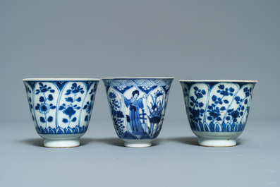Eight Chinese blue and white cups and saucers, Kangxi