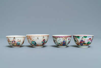 Thirteen Chinese famille rose cups and eleven saucers with mandarin design, Qianlong