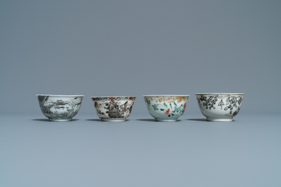 Twelve Chinese grisaille cups and eight saucers, Yongzheng/Qianlong
