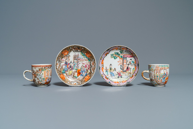 Six tasses et soucoupes en porcelaine de Chine famille rose &agrave; d&eacute;cor mandarin, Qianlong